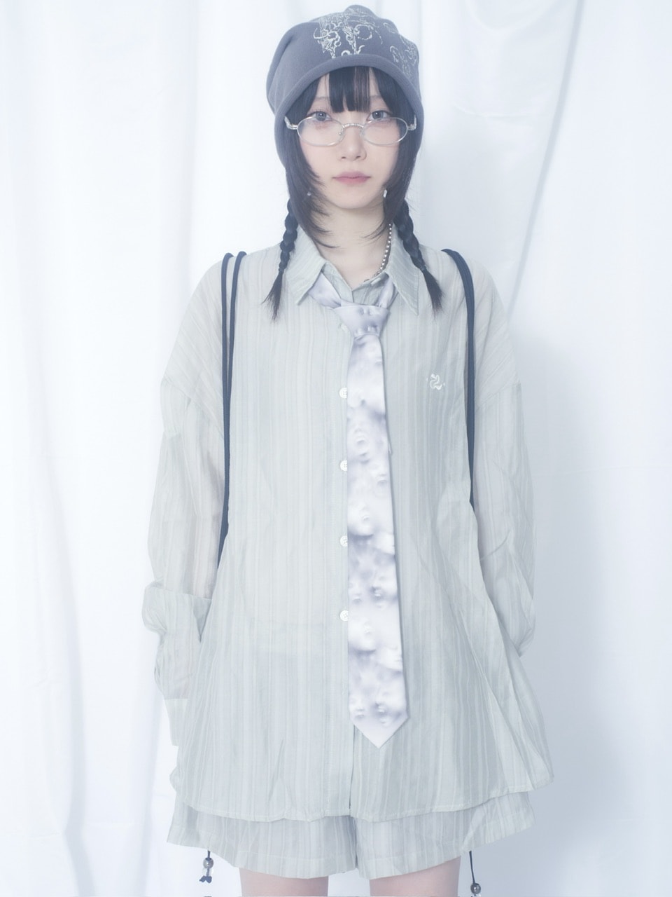 国際配送【Nerd out XU】crape sheer shirt / 【ナードアウトエックスユー】クレープシアーシャツ