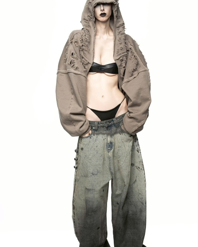 【LATUI ATELIER】ANGER ISSUES HOODIE / 【ラトゥイ アトリエ】クラッシュドダメージシェルジップパーカー