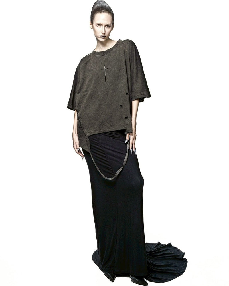 【LATUI ATELIER】DUSH T-SHIRT / 【ラトゥイ アトリエ】クロスデザインダメージ半袖Tシャツ