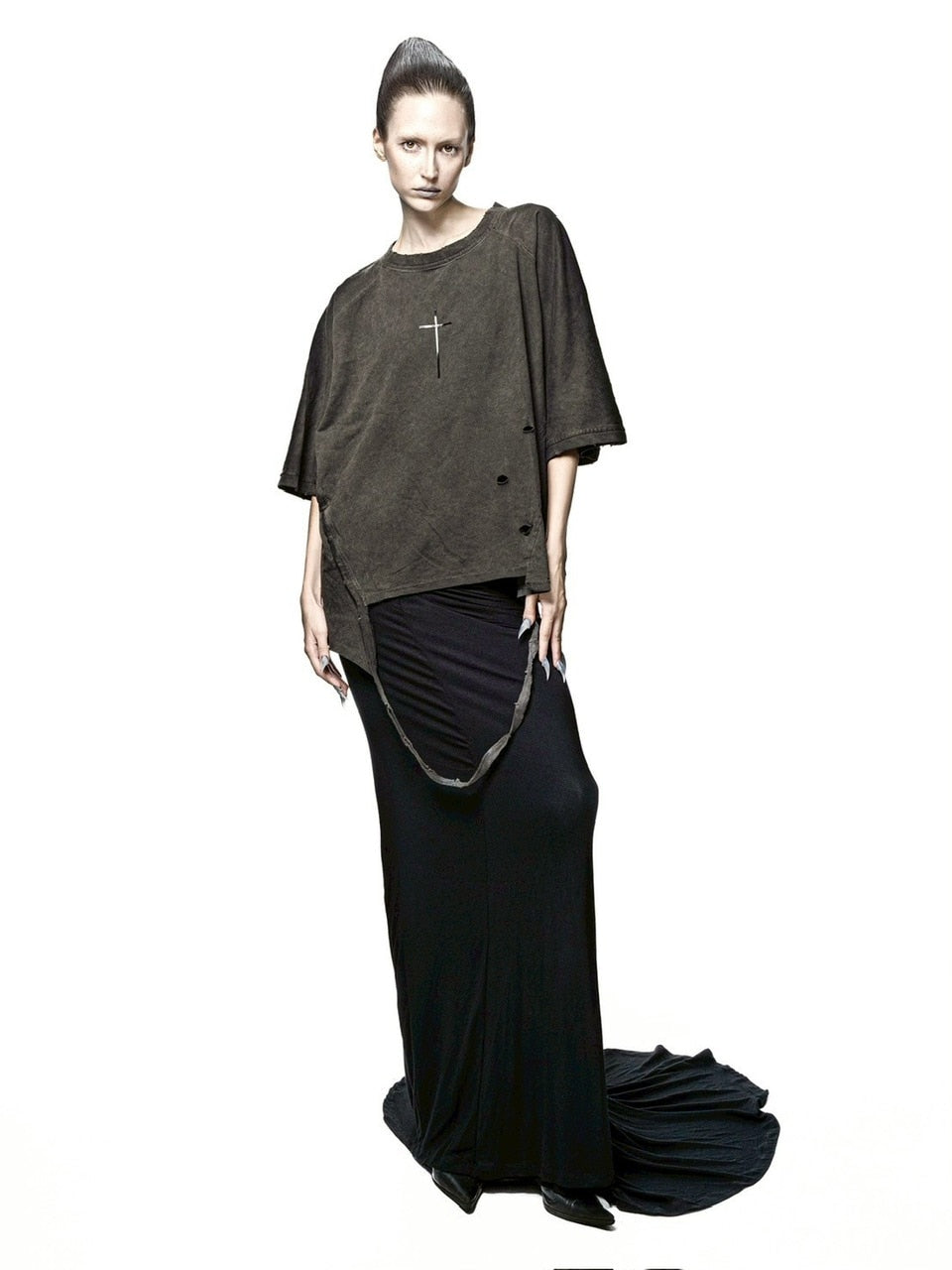 【LATUI ATELIER】DUSH T-SHIRT / 【ラトゥイ アトリエ】クロスデザインダメージ半袖Tシャツ