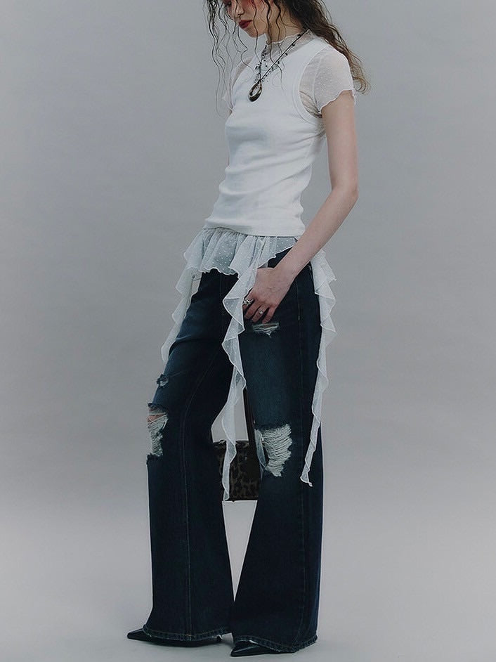 【NOT KNOWING】Dot Mesh Ruffle Top / 【ノットノーイング】ドットメッシュラッフル半袖Tシャツ