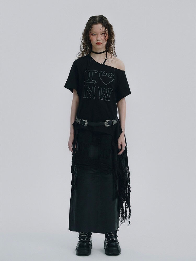 【NOT KNOWING】One Shoulder I LOVE Ruffle Top / 【ノットノーイング】ワンショルダーアイラブラッフル半袖Tシャツ