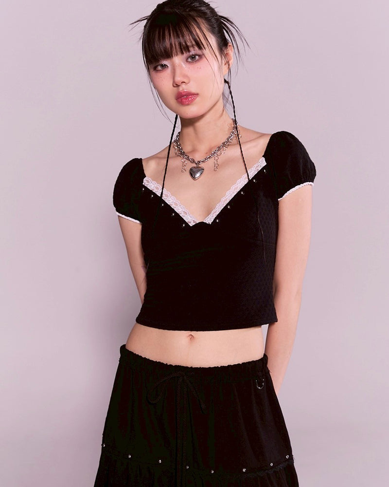 【CHERRYQUIRI】floral lace puff tee