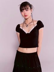 【CHERRYQUIRI】floral lace puff tee