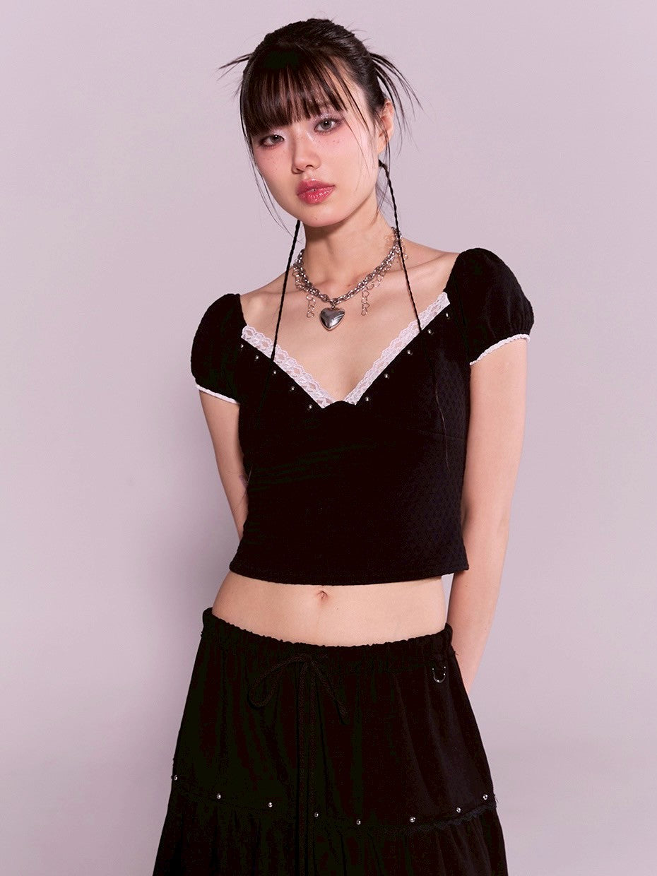 【CHERRYQUIRI】floral lace puff tee