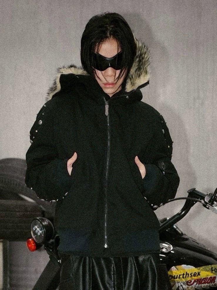 【Fourth3ex】Rivet Fox Double-Faced Denim Hoodie / 【フォースセックス】リベットエコファーデニムブルゾン