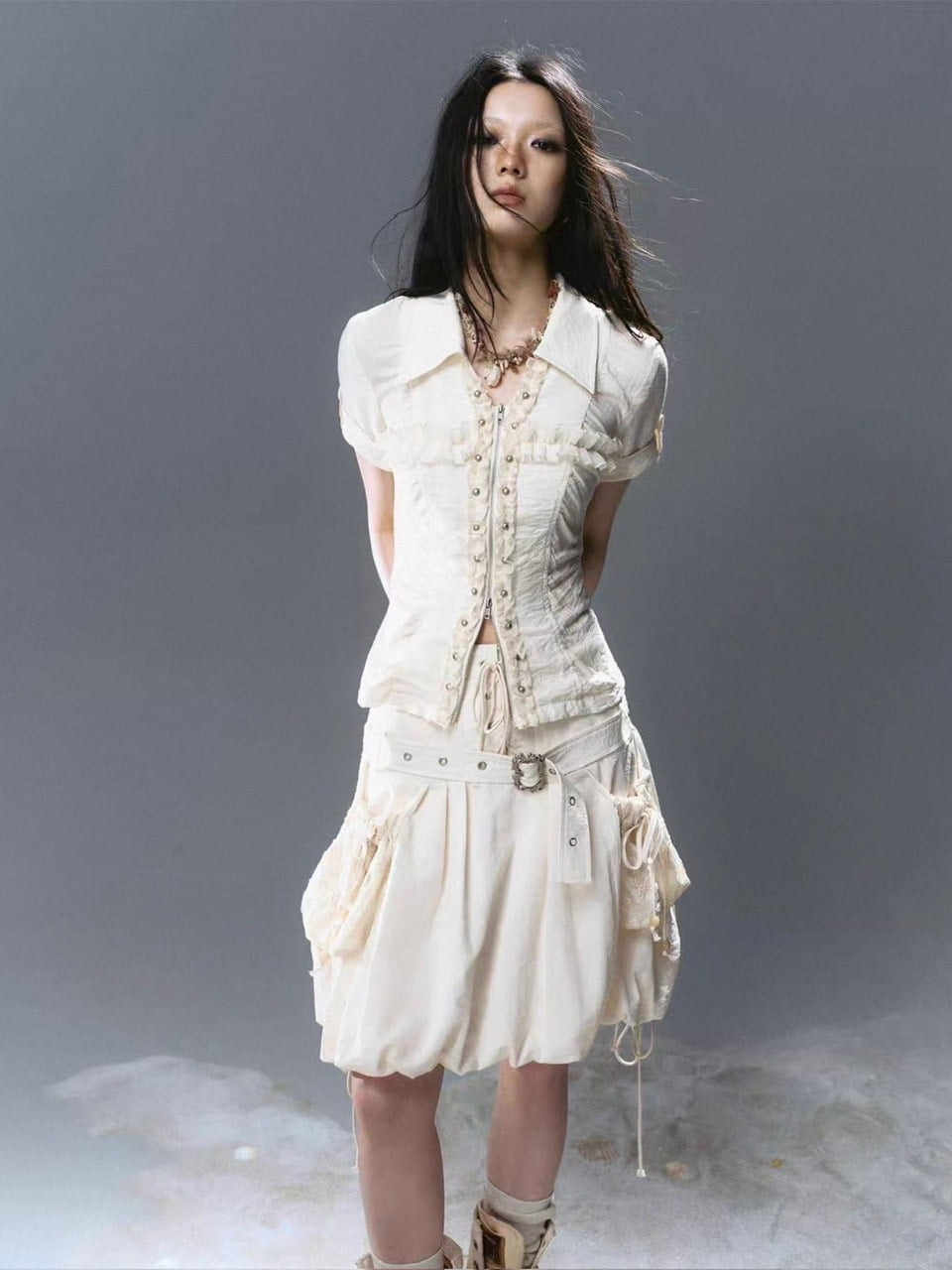 【Cest Nous】Lace Trim Rivet Blouse / 【セヌー】レースフリルリベットブラウス