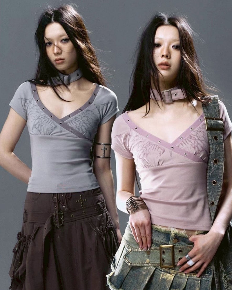 【Cest Nous】Butterfly Top / 【セヌー】チョーカーセットバタフライ半袖Tシャツ