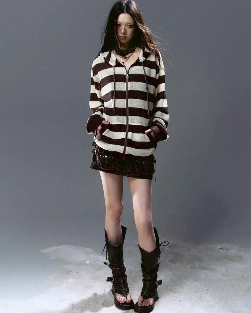 【Cest Nous】Striped Beaded Hoodie / 【セヌー】ボーダーシースルージップパーカー