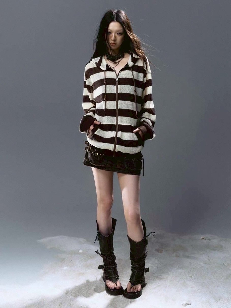 【Cest Nous】Striped Beaded Hoodie / 【セヌー】ボーダーシースルージップパーカー