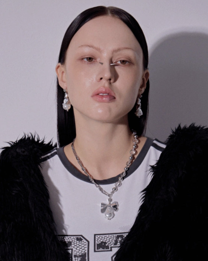 【PEG LEG】ribbon switch pearl chain necklace