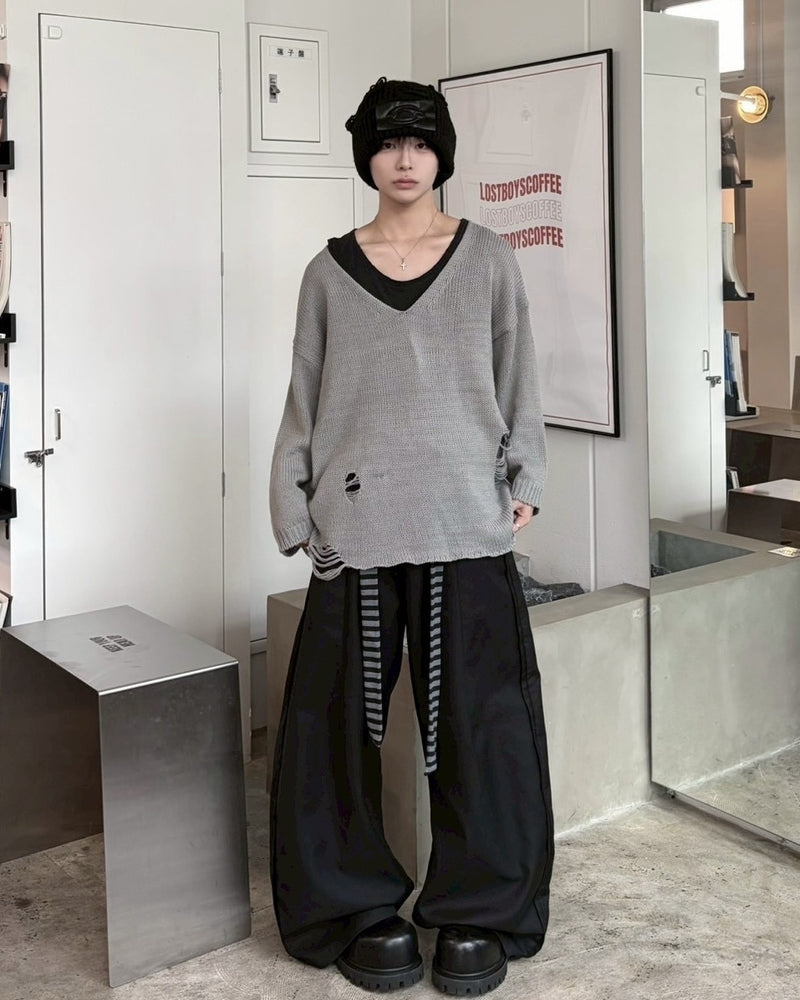 受注制【LUV CODE】v neck damage knit (2color)