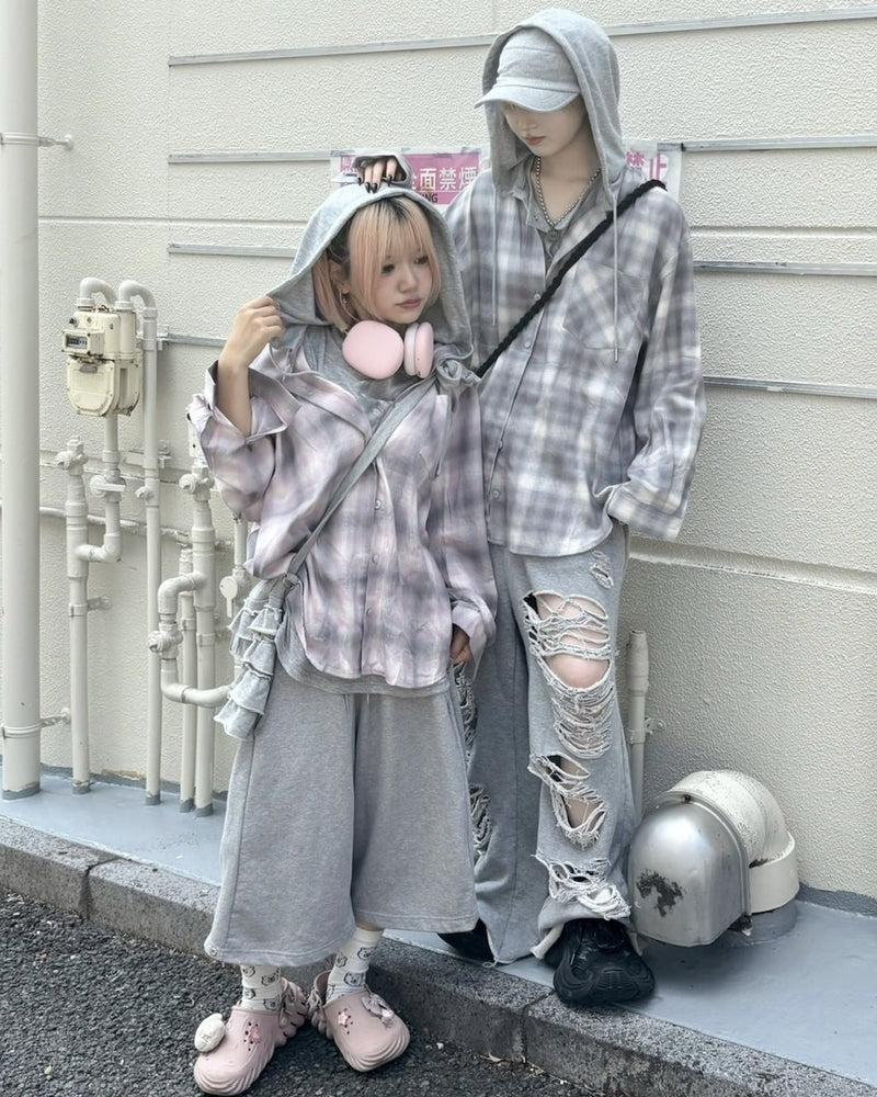 【nmtc +】sweat hooded check shirts / 【エヌエムティーシープラス】フード付きチェックシャツ (2color)