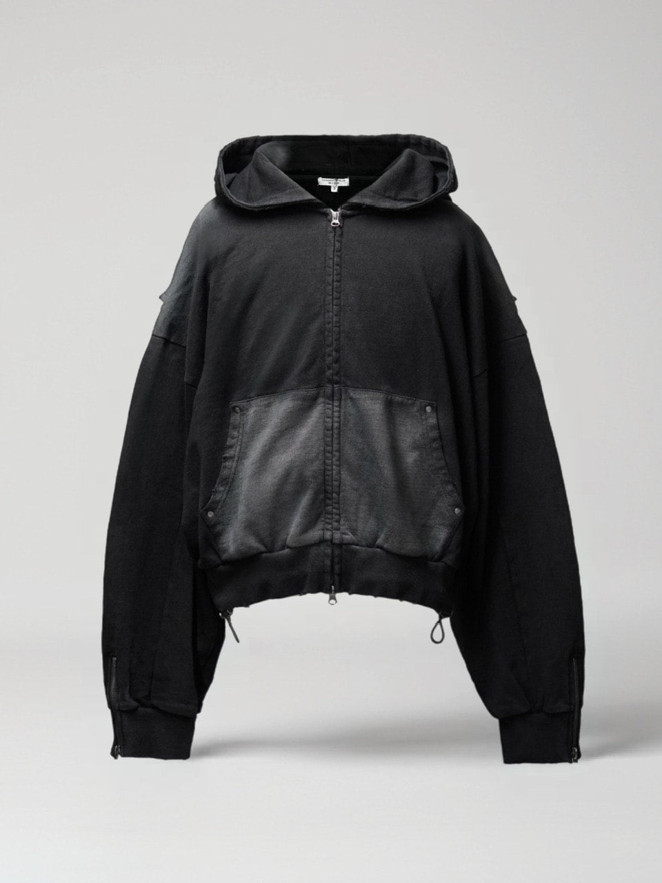 【CHIKASHITSU PLUS HIGH】cropped dirty wash double zip hoodie (wash black) / 【チカシツプラスハイ】クロップドダーティーウォッシュダブルジップパーカー