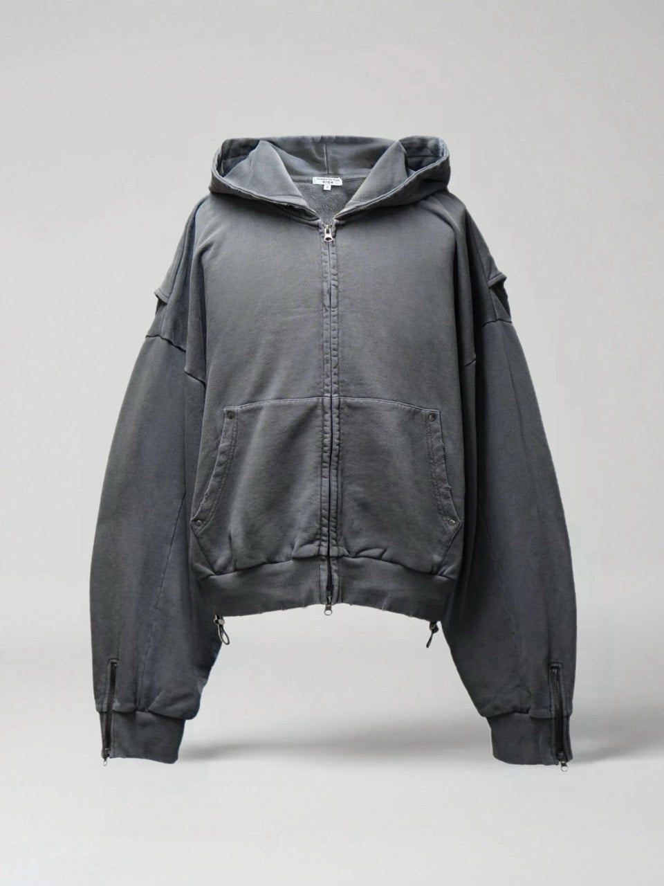 【CHIKASHITSU PLUS HIGH】cropped dirty wash double zip hoodie (charcoal) / 【チカシツプラスハイ】クロップドダーティーウォッシュダブルジップパーカー