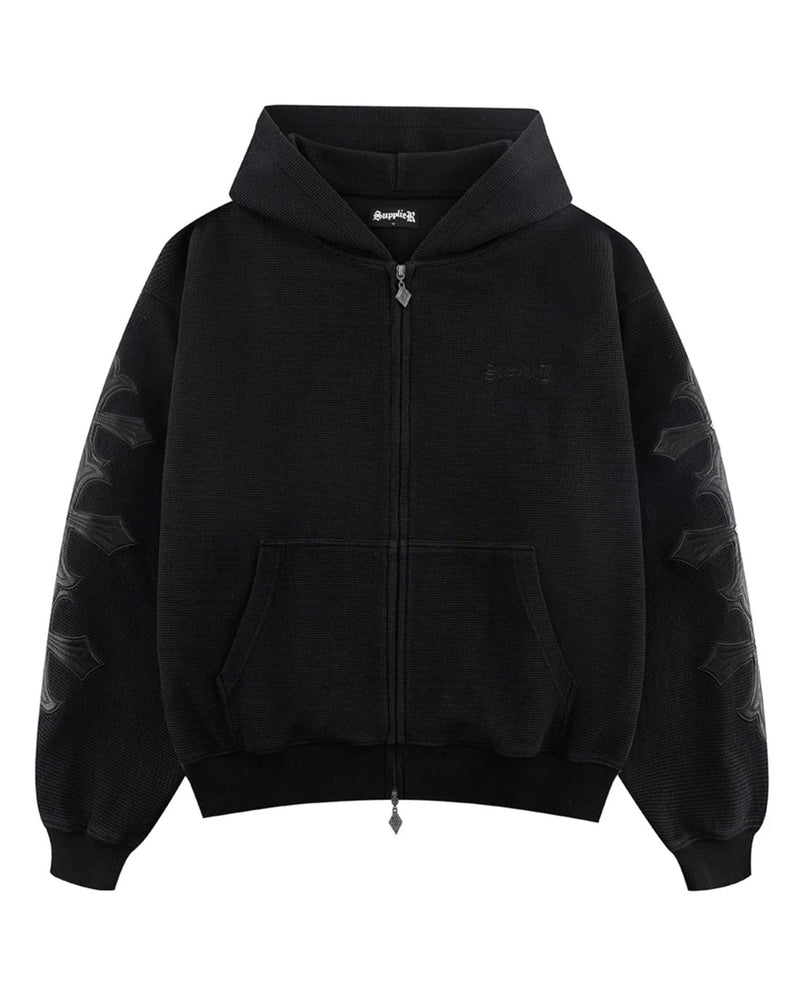 【SUPPLIER】Cross Leather Patch Thermal Zip Hoodie / 【サプライヤー】クロスレザーパッチサーマルジップアップパーカー