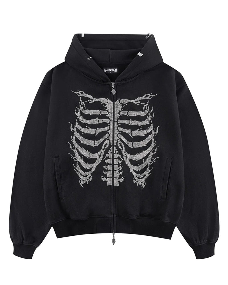 【SUPPLIER】Fire Skeleton Rhinestone Zip Hoodie / 【サプライヤー】ファイヤースケルトンラインストーンジップアップパーカー