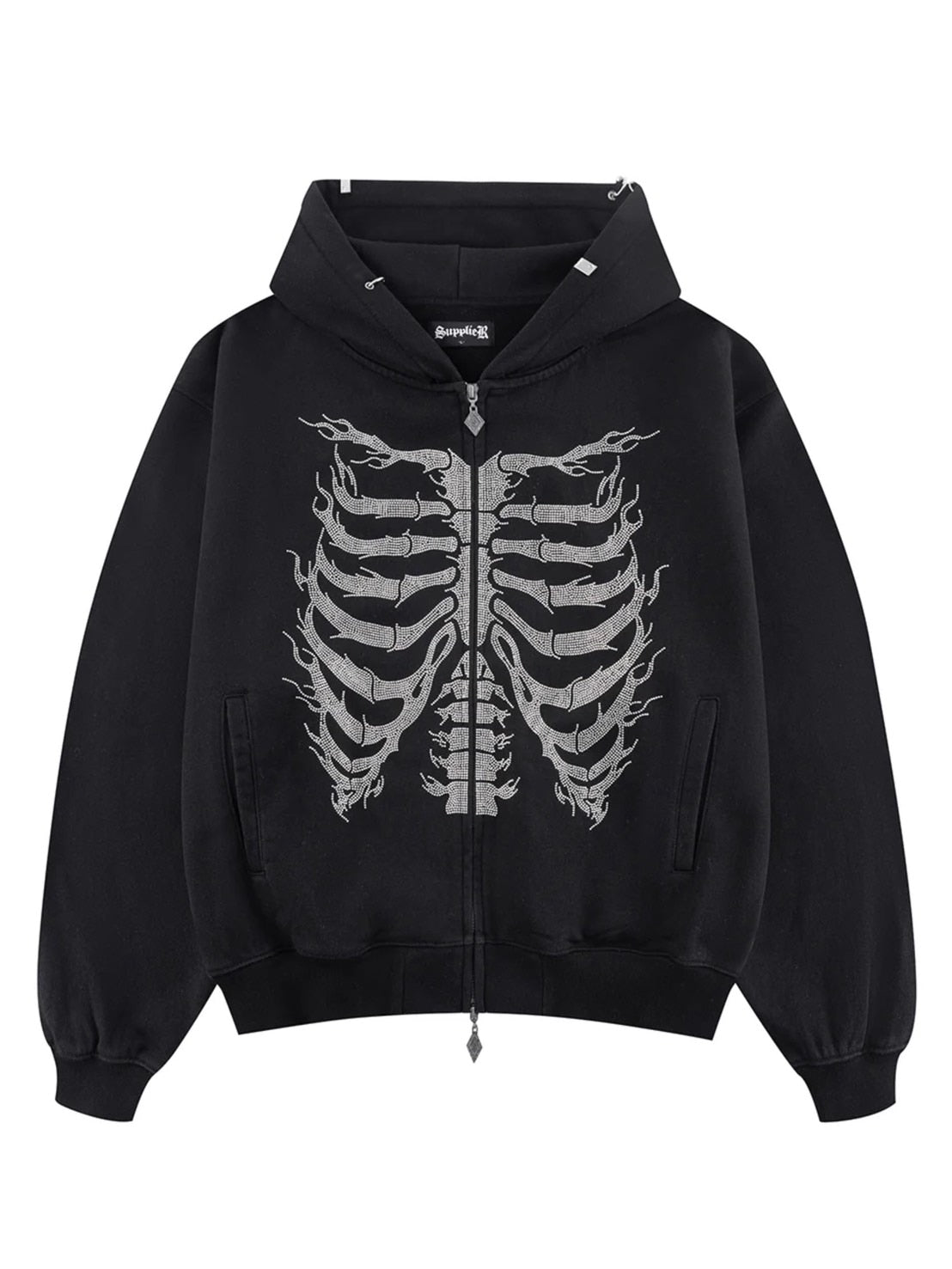 【SUPPLIER】Fire Skeleton Rhinestone Zip Hoodie / 【サプライヤー】ファイヤースケルトンラインストーンジップアップパーカー