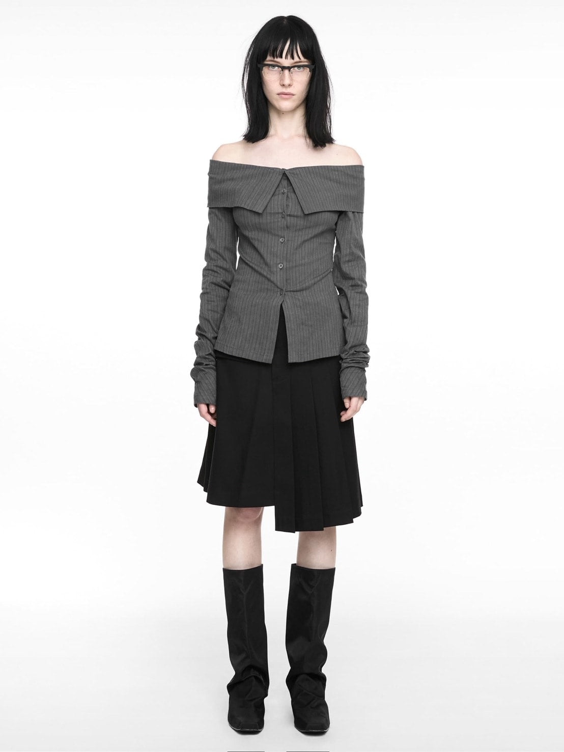 【NACHE】STRIPED OFF SHOULDER SHIRT