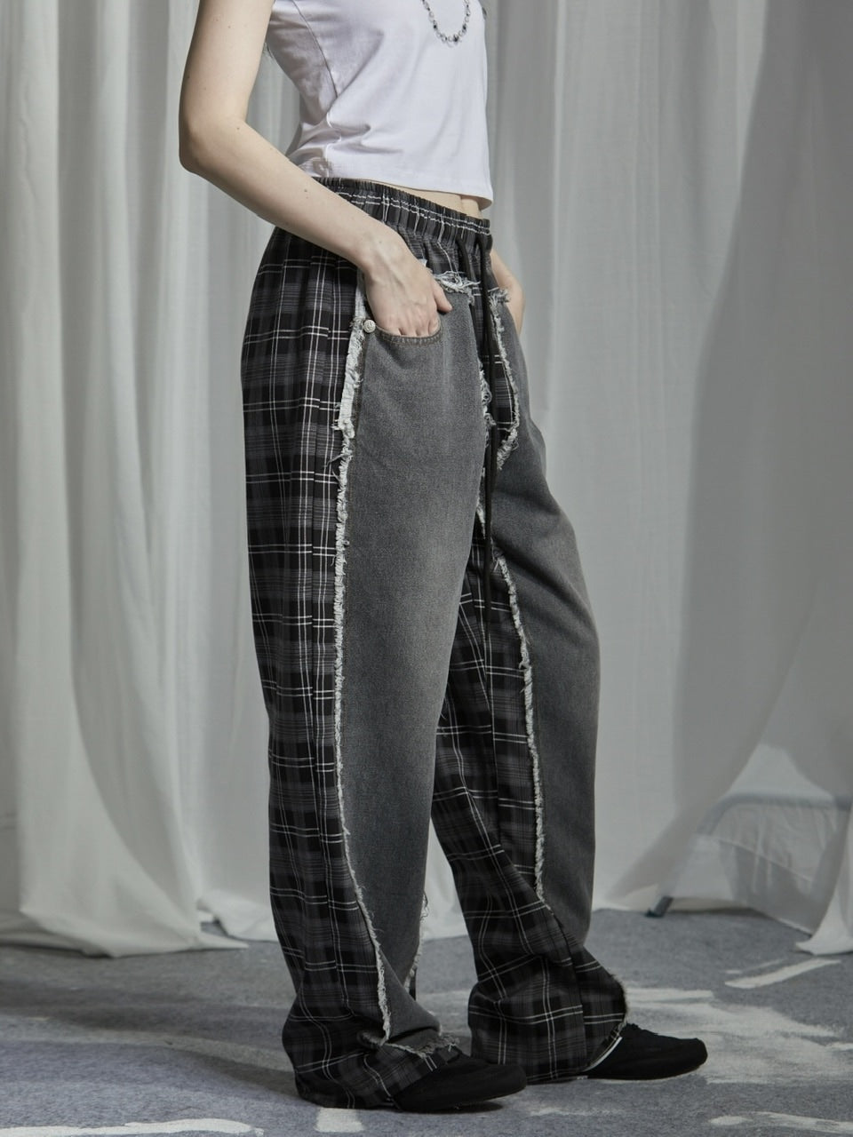 【GATELESS】DAMAGE DENIM PATICHWORK CHECK PANTS / 【ゲートレス】ダメージデニムパッチワークチェックパンツ
