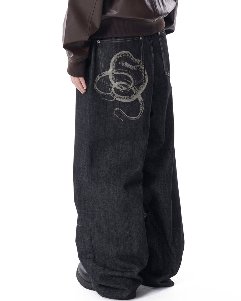 【AAKAM】Snake Printed Denim Pants