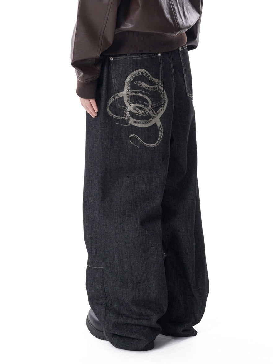 【AAKAM】Snake Printed Denim Pants