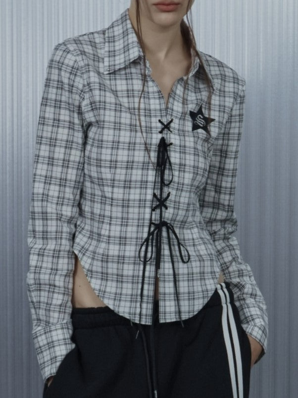 【SETUP‐EXE】CHECK RACE-UP SHIRT / 【セットアップエグゼ】チェックレースアップ長袖シャツ