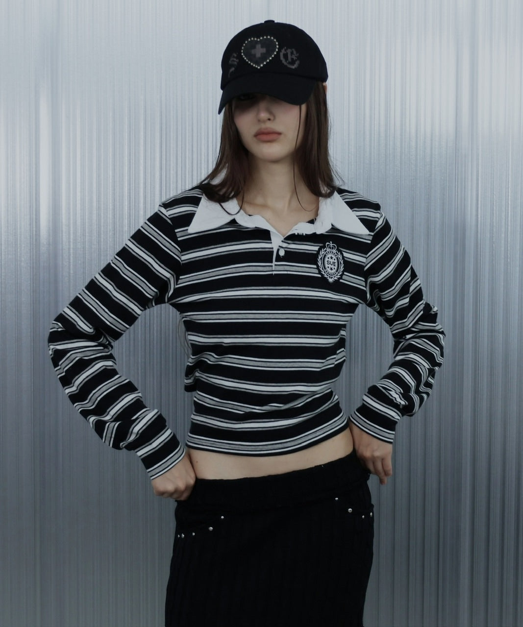 【SETUP‐EXE】STRIPE WAPPEN POLO TOP / 【セットアップエグゼ】ストライプワッペン長袖ポロシャツ