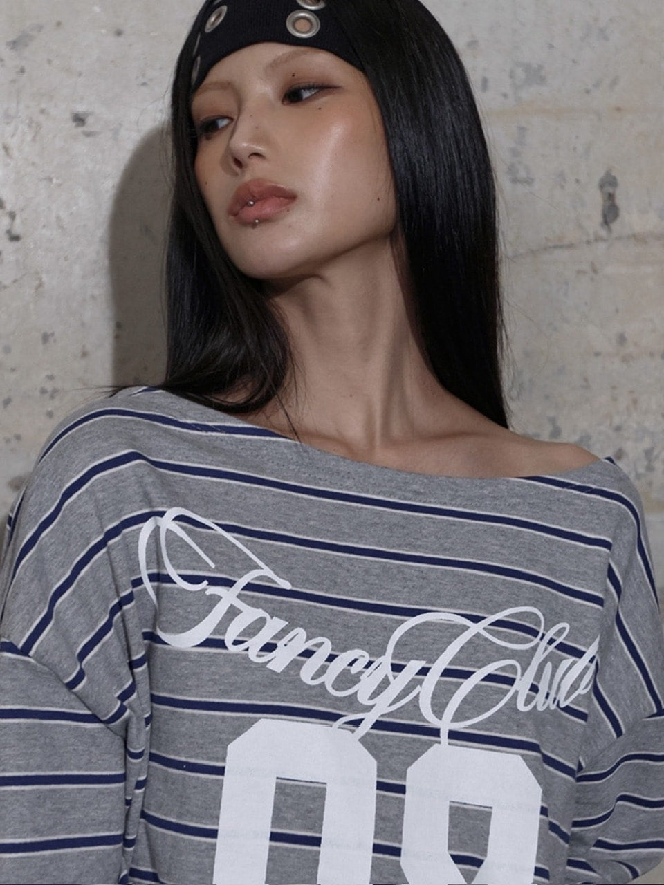 【FANCY CLUB】STRIPE ONE-SHOULDER SWEATSHIRT / 【ファンシークラブ】ストライプワンショルダースウェット長袖Ｔシャツ