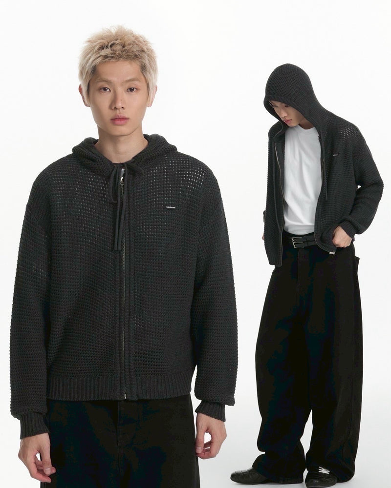 【TGNS】Hollow Knit Zipper Cardigan / 【ツーガンズ】ワンポイントメッシュジップアップパーカー