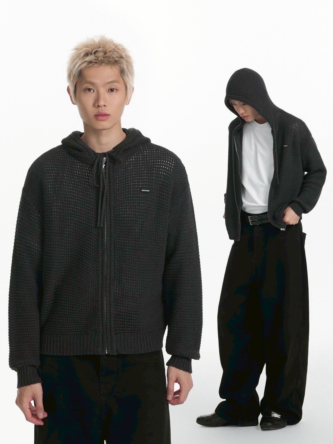 【TGNS】Hollow Knit Zipper Cardigan / 【ツーガンズ】ワンポイントメッシュジップアップパーカー