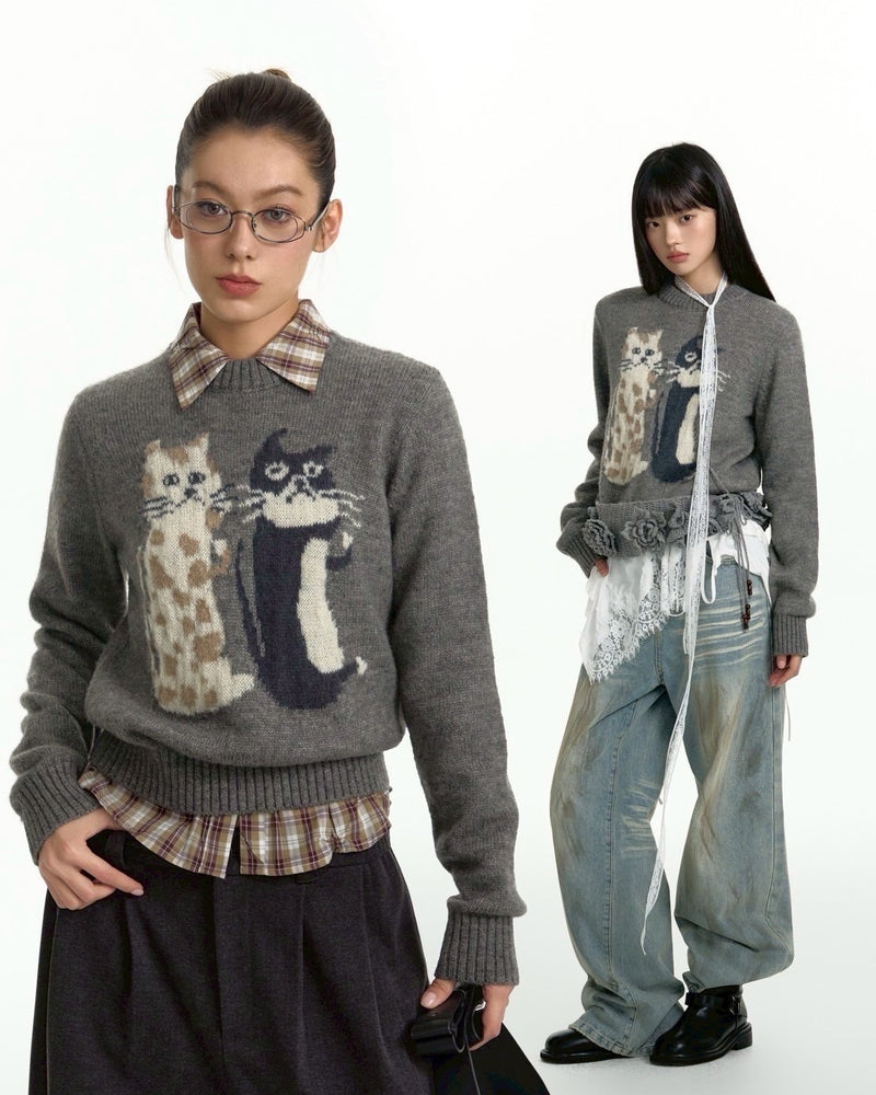 【TGNS】Cat Crew Neck Sweater / 【ツーガンズ】キャットデザインクルーネックニット