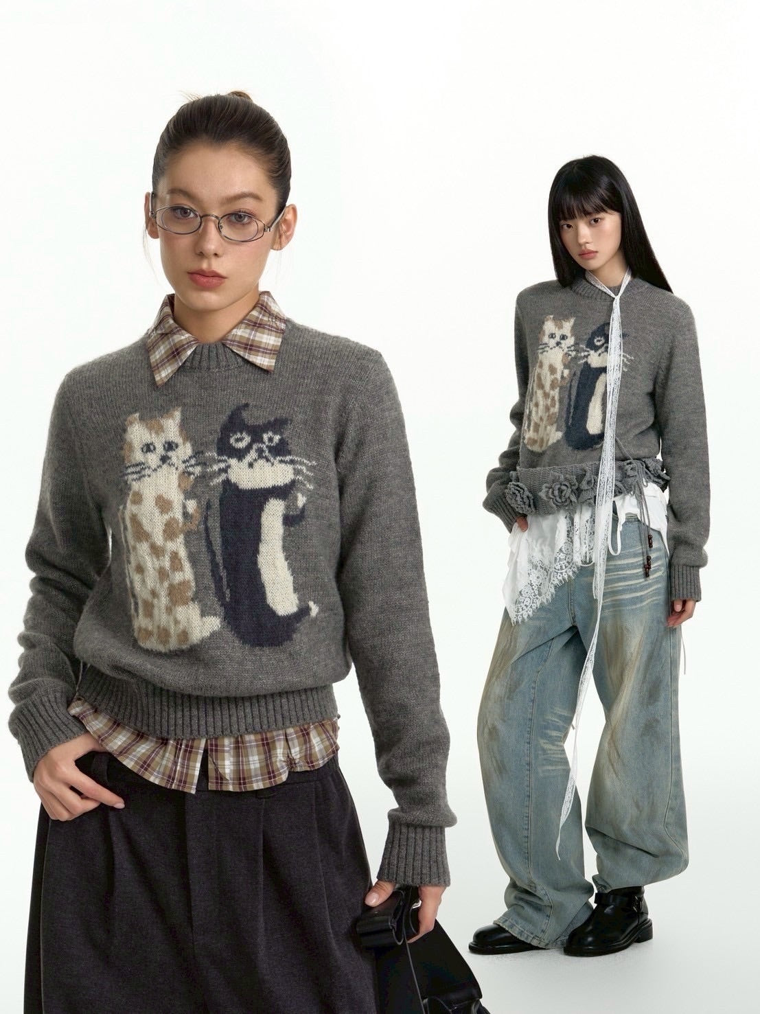 【TGNS】Cat Crew Neck Sweater / 【ツーガンズ】キャットデザインクルーネックニット