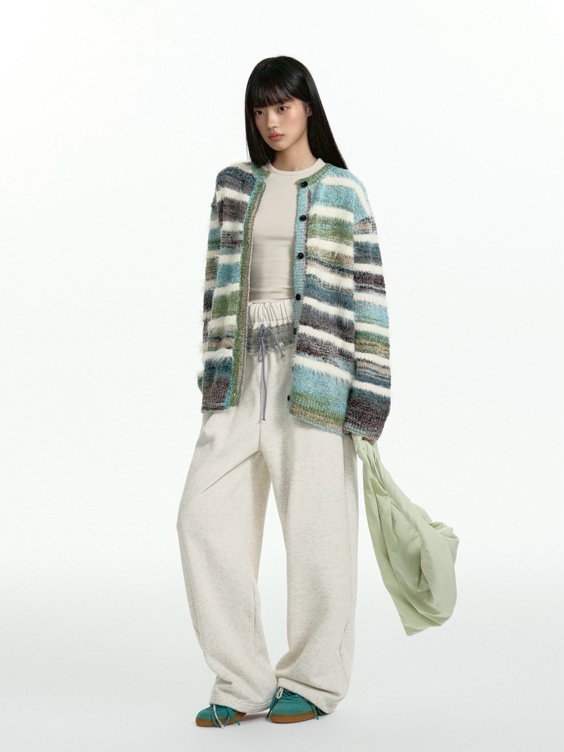 【TGNS】Gradient Terry Faux Mink Striped Cardigan Sweater / 【ツーガンズ】マルチカラーボーダーニットカーディガン