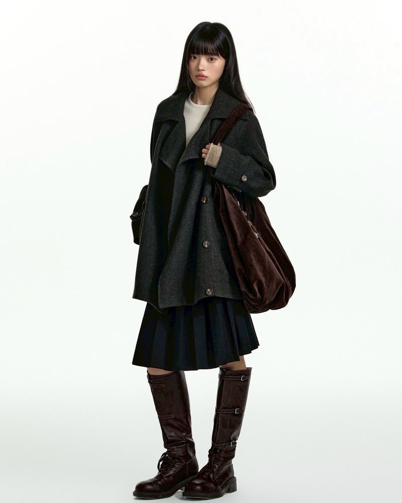 【TGNS】Dark Texture Double-Breasted Short Wool Coat / 【ツーガンズ】ダブルブレステッドボタンショートウールコート