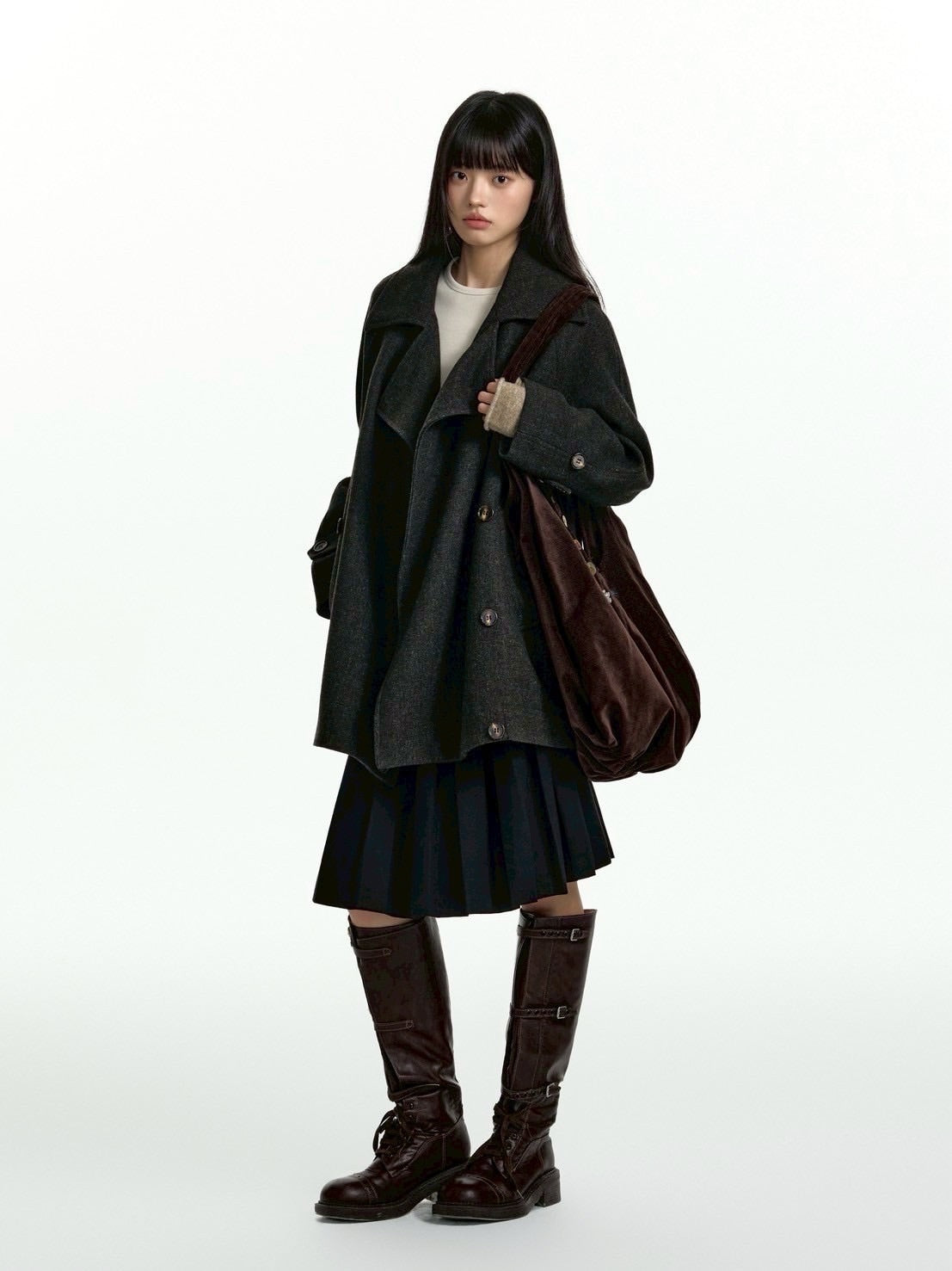 【TGNS】Dark Texture Double-Breasted Short Wool Coat / 【ツーガンズ】ダブルブレステッドボタンショートウールコート