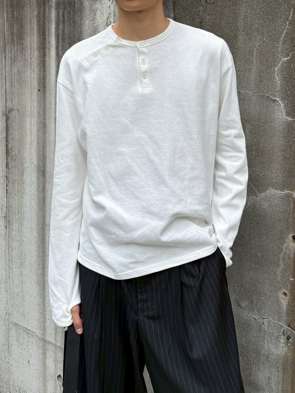 受注制【Chikashitsu +】double button henry neck long sleeve tee / 【チカシツプラス】ダブルボタンヘンリーネック長袖Tシャツ (4color)