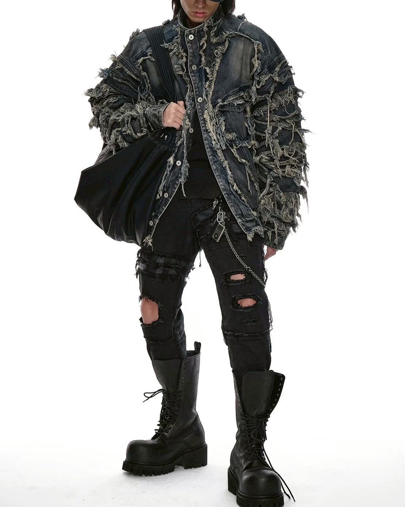 【d5ove】Erosion Fringed Denim Jacket / 【ダヴ】フリンジハイネックデニムジャケット
