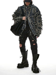【d5ove】Erosion Fringed Denim Jacket / 【ダヴ】フリンジハイネックデニムジャケット