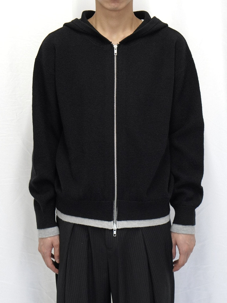 【CS】layered knit zip hoodie (black) / 【シーエス】レイヤードニットジップフーディー