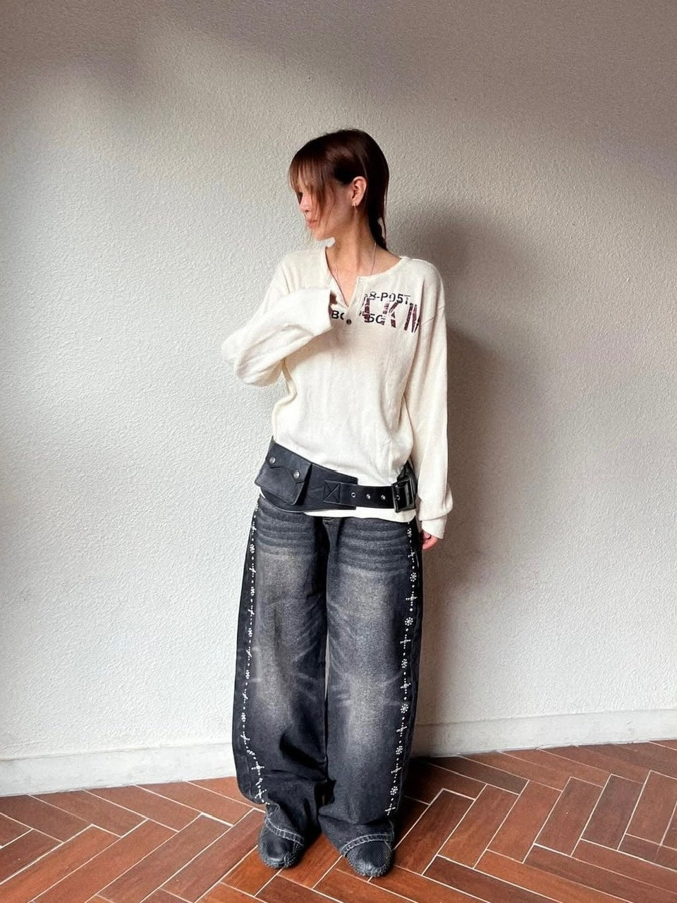 【AAKAM】Waffle Henry Neck Long Sleeve