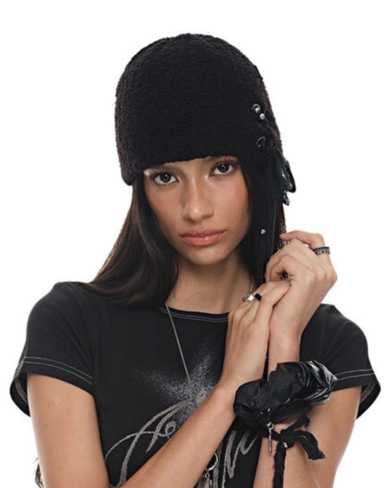 【BLACK PURPLE】Curly Custom Eyelet Beanie / 【ブラックパープル】カーリーカスタムアイレットニット帽