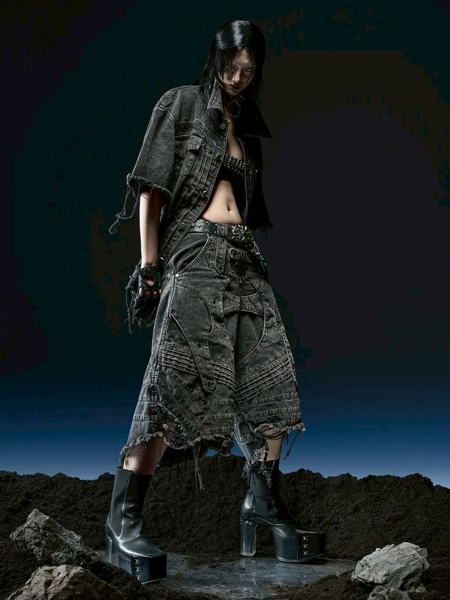 1/2 20:00再販【RICH】Knight Wide Waxed Short Pants/ 【リッチ】デザインデニムダメージハーフパンツ