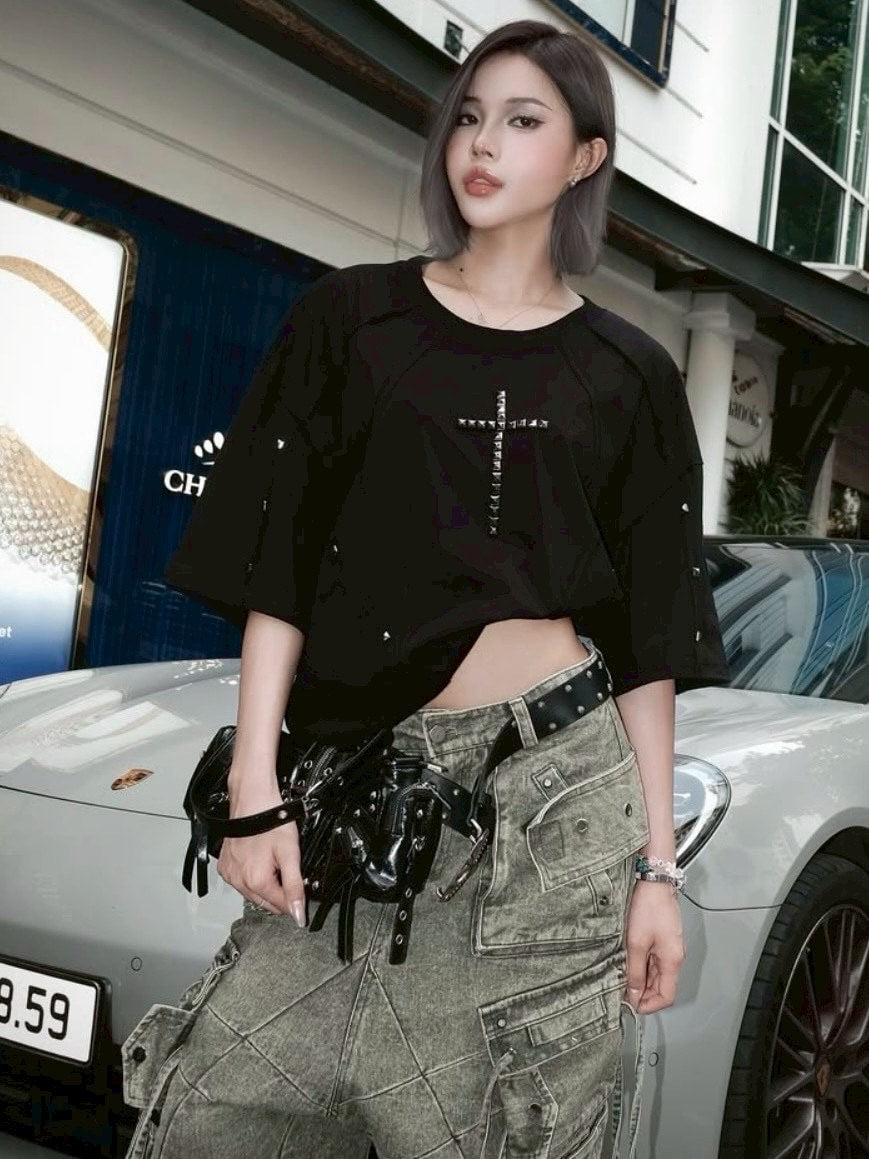 【RICH】Riveted Cross Over T-shirt / 【リッチ】リベットクロスオーバーサイズ半袖Tシャツ