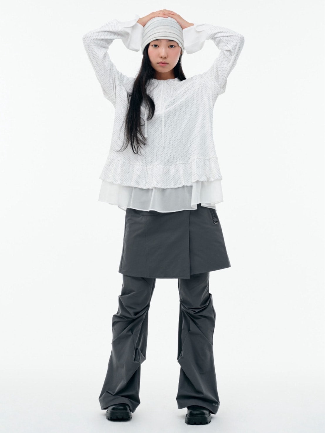 【TUOMIO】FRILL CHIFFON HOODIE / 【トゥオミオ】フリルシフォンフードパーカー