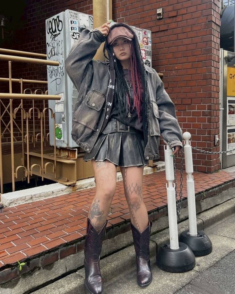 【Never mind the XU】belt pleats leather skirt / 【ネバーマインドザエックスユー】ベルト付きプリーツレザーミニスカート (2color)