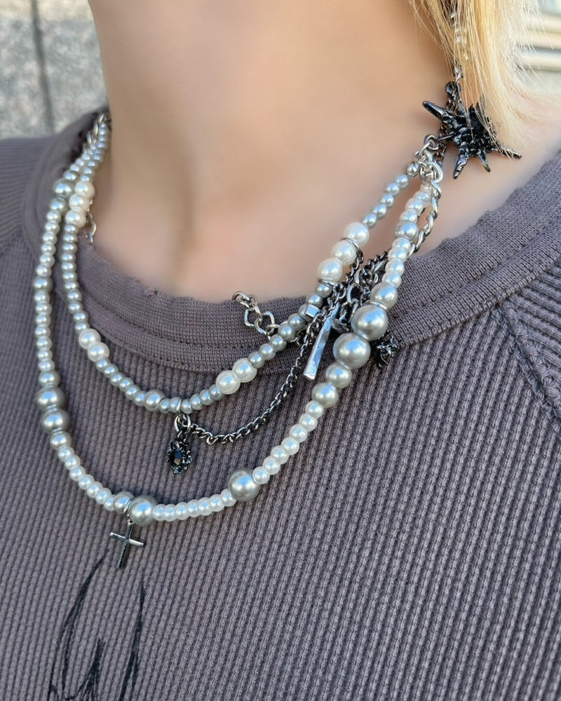 【Never mind the XU】cross pearl chain necklace / 【ネバーマインドザエックスユー】クロスパールチェインネックレス