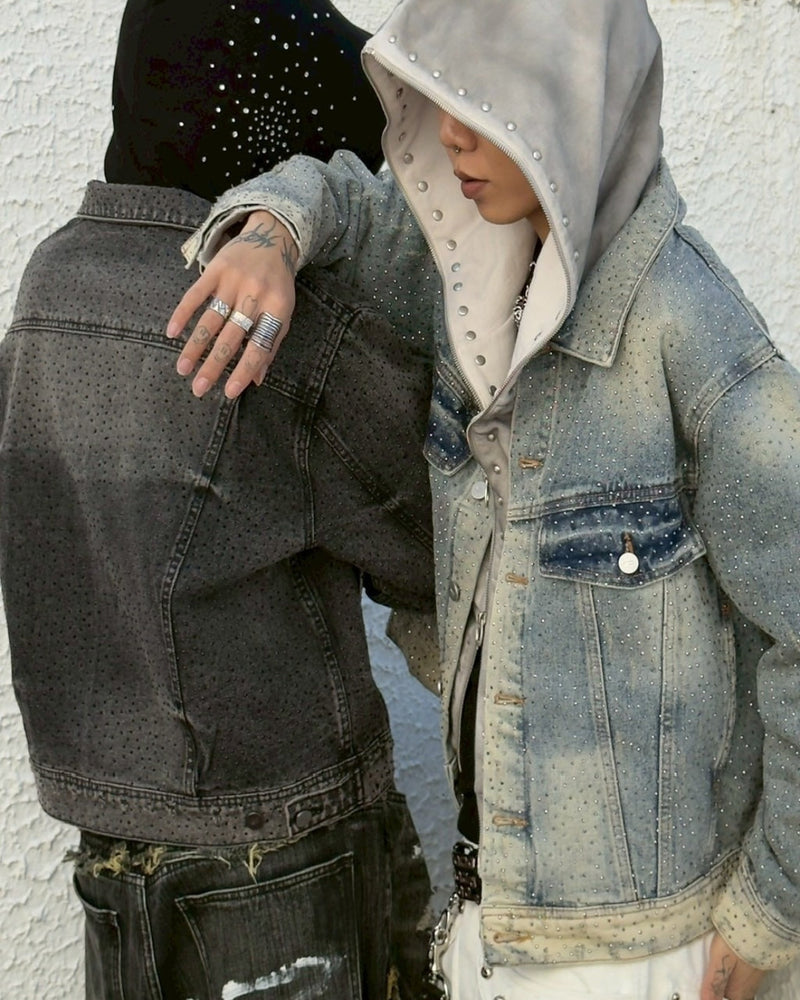 【Never mind the XU】rhinestone denim jacket / 【ネバーマインドザエックスユー】ラインストーンデニムジャケット (2color)