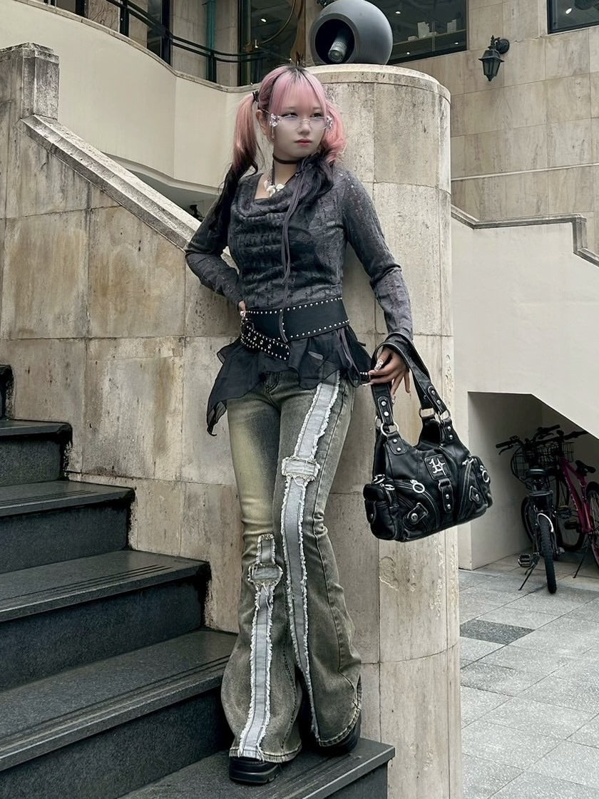 【Never mind the XU】see-through loose tops / 【ネバーマインドザエックスユー】シースルーレイヤードフリル長袖トップス (2color)