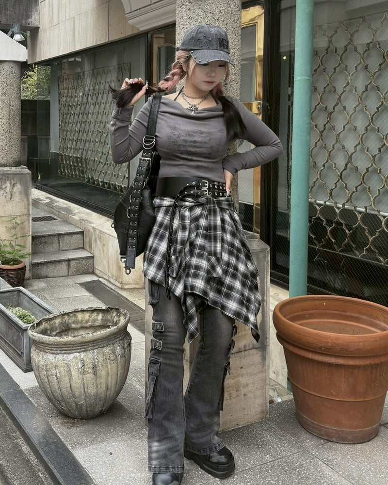 【Never mind the XU】wrap check skirt / 【ネバーマインドザエックスユー】ラップチェックスカート (2color)